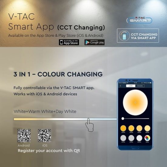 V-TAC SMART LED MÉLYSUGÁRZÓ / 10W / Bluetooth vezérlés / 850Lumen / dimmelhető / VT-7710D változtatható színhőmérséklet 1424