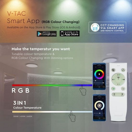 V-TAC LED DESIGN MENNYEZETI LÁMPA / 36W / Dimmelhető / Beépített hangszóró/ RGB + 3 in 1 vezérlővel / VT-5500 1490