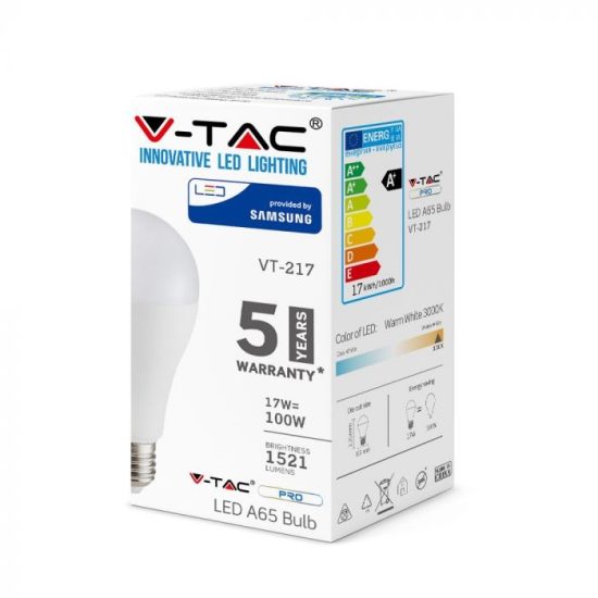 17W LED izzó Samsung chip E27 A65 3000K 5 év garancia - PRO162 V-TAC