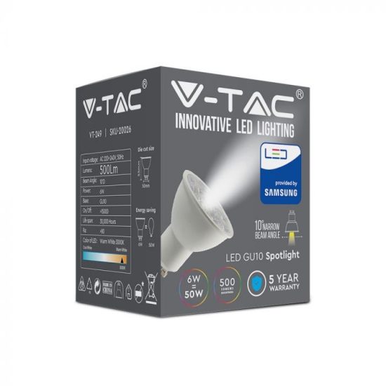V-TAC LED SPOT / GU10 / 6W / 10° / 3000K - meleg fehér / 500lumen / Samsung chip / VT-249 20026