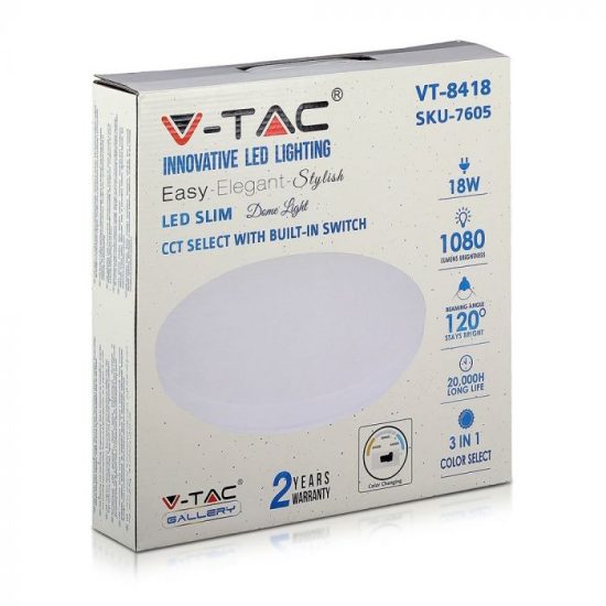 V-TAC LED MENNYEZETI LÁMPA / opál búra / fehér / beépített színhőmérséklet kapcsoló / 18W / VT-8418 217605