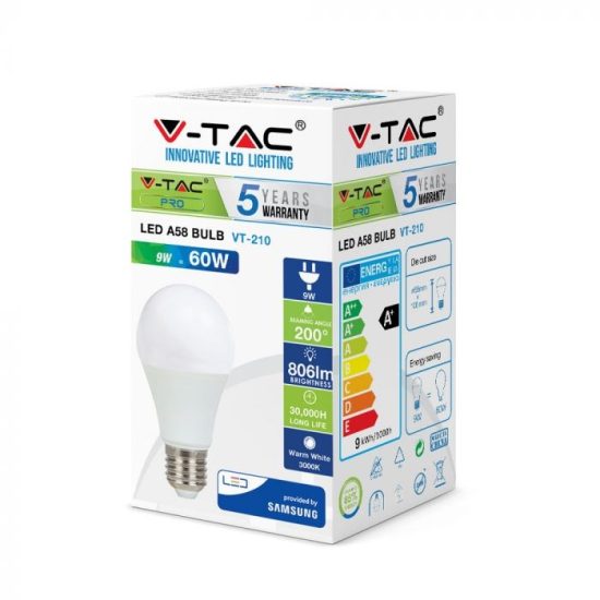 V-TAC LED IZZÓ / E27 / Samsung chip / 9W / VT-210 hideg fehér 230