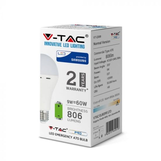 V-TAC LED IZZÓ AKKUMULÁTORRAL / E27 foglalattal / A70 típus / 9W / nappali fehér - 4000K / 806lumen / Samsung chip / VT-2309 2372