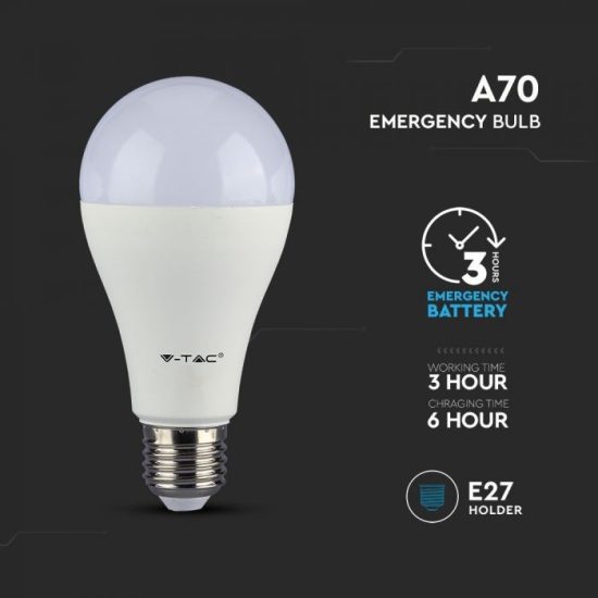 9W LED izzó E27 A70 beépített készenléti akkumulátorral 6400K - 2373 V-TAC
