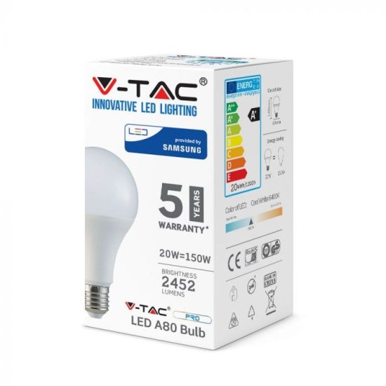 V-TAC LED IZZÓ / E27 foglalat / A80 típus / 20W / hideg fehér - 6400K / 2452lumen / Samsung chip / VT-233 239