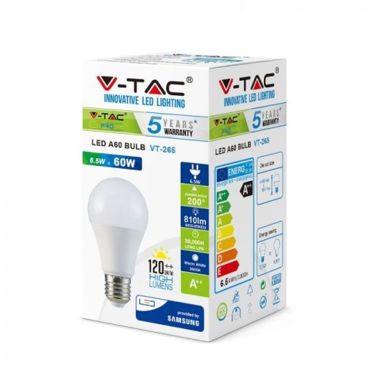 V-TAC LED IZZÓ / E27 / Samsung chip / 6.5W / VT-265 hideg fehér 257