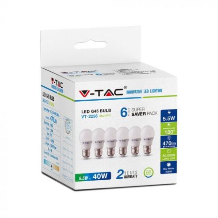 V-TAC LED IZZÓ CSOMAG 6 DB / E27 foglalat / G45 típus / 5,5W / nappali fehér - 4000K / 470lumen / VT-2256 2731