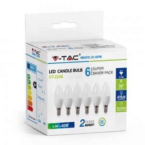 5,5W LED izzó E14 Gyertya 2700K 6db/csomag - 2736 V-TAC