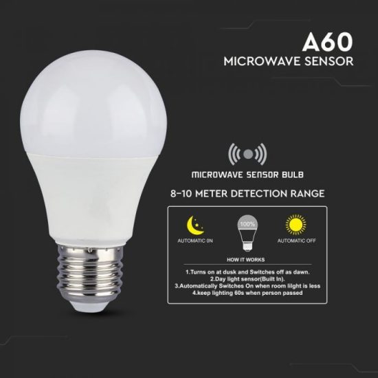 9W LED izzó beépített mikrohullámú mozgásérzékelővel E27 A60 3000K - 2760 V-TAC