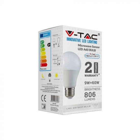 V-TAC LED IZZÓ MOZGÁSÉRZÉKELŐVEL / E27 foglalat / A60 típus / 9W / meleg fehér - 3000K / 806lumen / VT-2219 2760