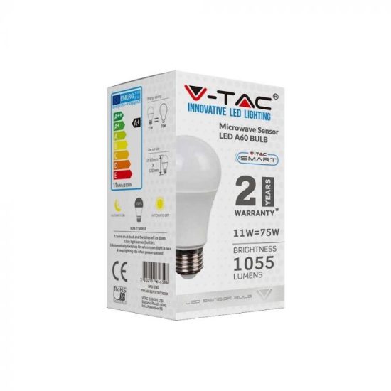 11W LED izzó beépített mikrohullámú mozgásérzékelővel E27 A60 3000K - 2763 V-TAC