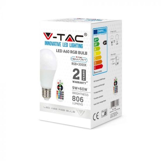 V-TAC LED IZZÓ TÁVIRÁNYÍTÓVAL / E27 foglalat / A60 típus / 9W / hideg fehér - 6400K + RGB / 806lumen / Dimmelhető / VT-2229 2768