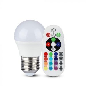   V-TAC LED IZZÓ TÁVIRÁNYÍTÓVAL / E27 foglalat / G45 típus / 3,5W / meleg fehér - 3000K + RGB / 320lumen / Dimmelhető / VT-2224 2772