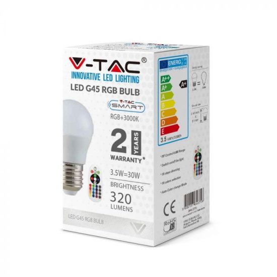 V-TAC LED IZZÓ TÁVIRÁNYÍTÓVAL / E27 foglalat / G45 típus / 3,5W / meleg fehér - 3000K + RGB / 320lumen / Dimmelhető / VT-2224 2772