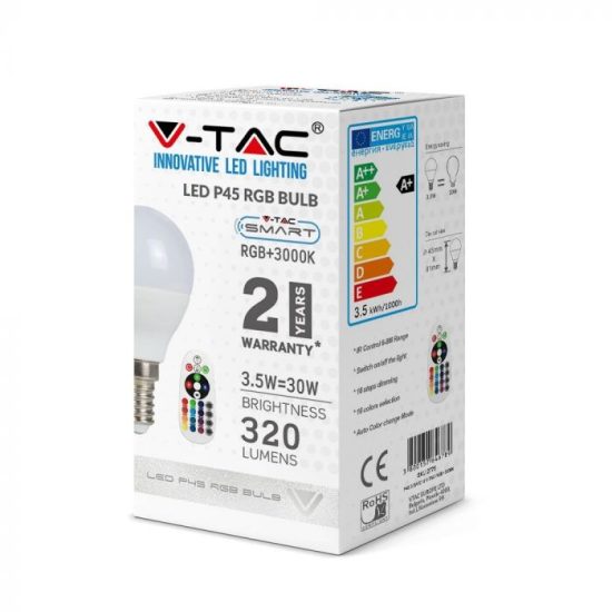 V-TAC LED IZZÓ TÁVIRÁNYÍTÓVAL / E14 foglalat / P45 típus / 3,5W / meleg fehér - 3000K + RGB / 320lumen / Dimmelhető / VT-2234 2775