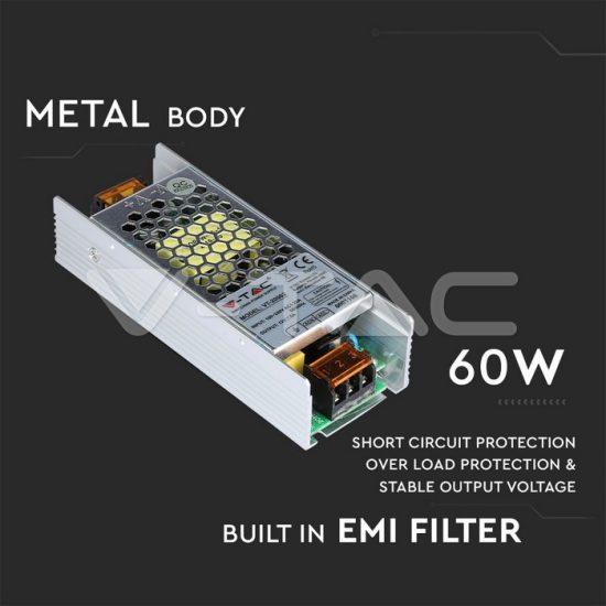 60W fém tápegység 12V 5A IP20 - 3246 V-TAC 60W fém tápegység 12V 5A IP20 - 3246 V-TAC