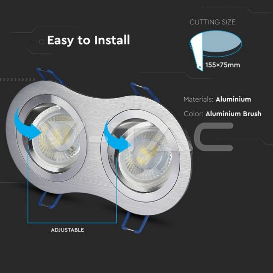 V-TAC LED SPOT BEÉPÍTŐ KERET / GU10 / 2-foglalat / csiszolt alumínium / kerek / billenthető / VT- 783 3602 V-TAC LED SPOT BEÉPÍTŐ KERET / GU10 / 2-foglalat / csiszolt alumínium / kerek / billenthető / VT- 783 3602