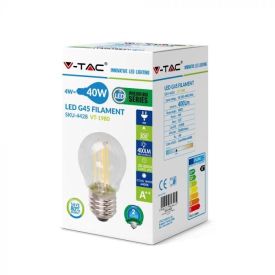 Retro LED izzó - 4W Filament E27 G45 Természetes fehér 4427 V-TAC