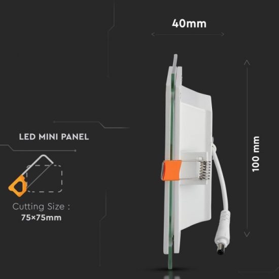 6W Négyszög Üveg Mini LED Panel süllyeszthető 3000K - 4738 V-TAC