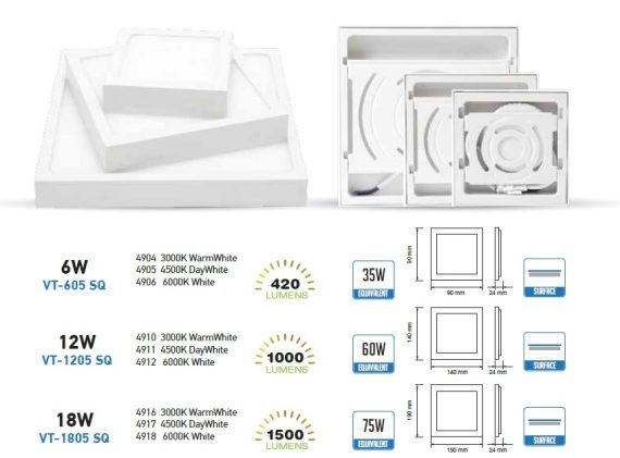 6W Felületre szerelhető négyszög LED Panel 3000K - 4907 V-TAC