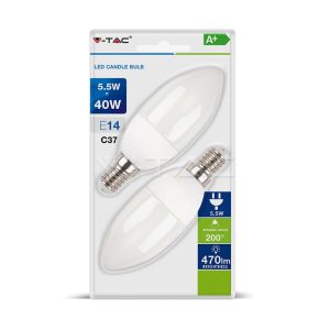 5,5W LED izzó E14 gyertya 2700K (2db/csomag) - 7291 V-TAC