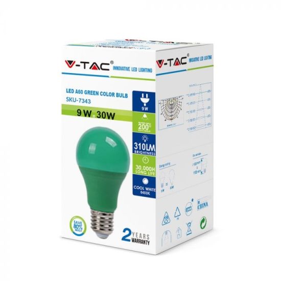 V-TAC LED IZZÓ / E27 / 9W / zöld / VT-2000 meleg fehér 7343