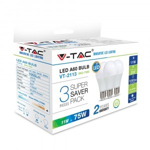 11W LED izzó E27 A60 2700K 3db/csomag - 7352 V-TAC