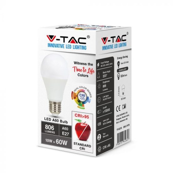 V-TAC LED IZZÓ / E27 foglalattal / A60 típus / 10W / nappali fehér - 4000K / 806lumen / CRI>95 magas szín visszaadás / VT-2210 7480