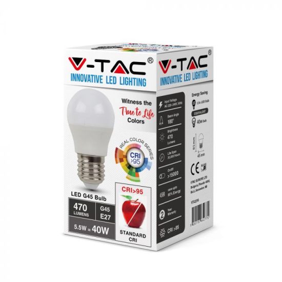 V-TAC LED IZZÓ / E27 foglalattal / G45 típus / 5,5W / hideg fehér - 6400K / 470lumen / VT-2216 7493