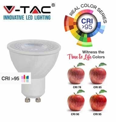 V-TAC LED SPOT/ GU10 / 38°/ 6W / CRI>95 magas szín visszaadás / nappali fehér - 4000K / 400lumen / VT-2206 7498
