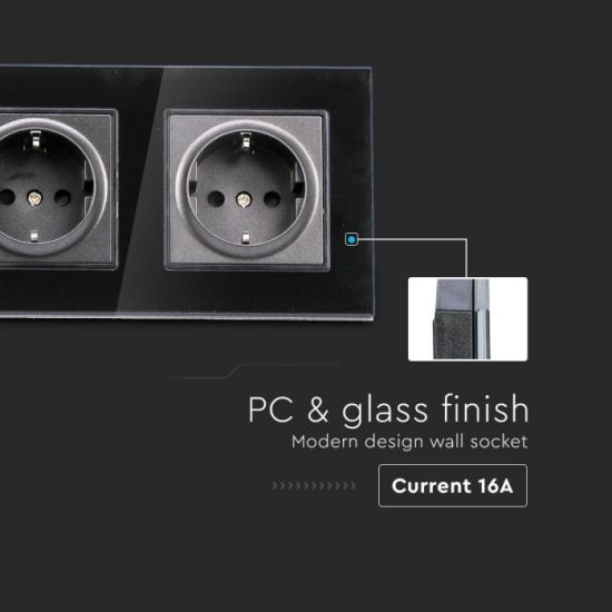 Fekete dupla EU konnektor üveg panel 16A - 8401 V-TAC