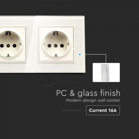 Fehér dupla EU konnektor üveg panel 16A - 8402 V-TAC