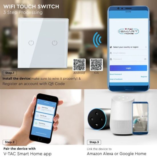 Wifis smart kapcsoló dupla fehér - 8418 V-TAC