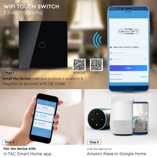 Wifis smart kapcsoló fekete - 8423 V-TAC