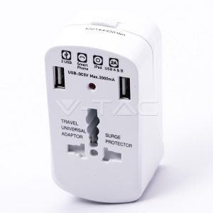   Univerzális adapter Túlterhelés-védelemmel, 2 db USB porttal - 8704 V-TAC