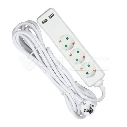 3 -as csatlakozó hosszabbító/elosztó 2 USB csatlakozóval, fehér színű 5m