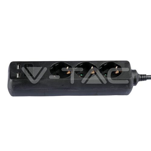 3 -as csatlakozó hosszabbító/elosztó 2 USB csatlakozóval, fekete színű 1.5 m