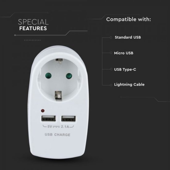 1 csatlakozós dugalj 2 USB aljzattal 16A+2.1A - 8795 V-TAC