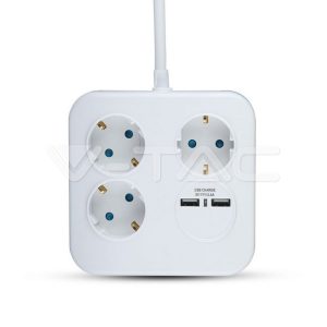   3 csatlakozós fehér hosszabító kocka 16A + 2 db USB port 5V 2,4A - 8799 V-TAC