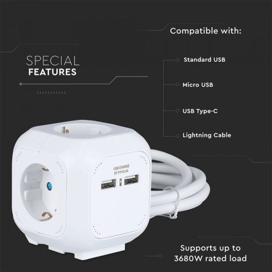 4 csatlakozós fehér hosszabító kocka 16A + 2 db USB port 5V 2,4A - 8800 V-TAC