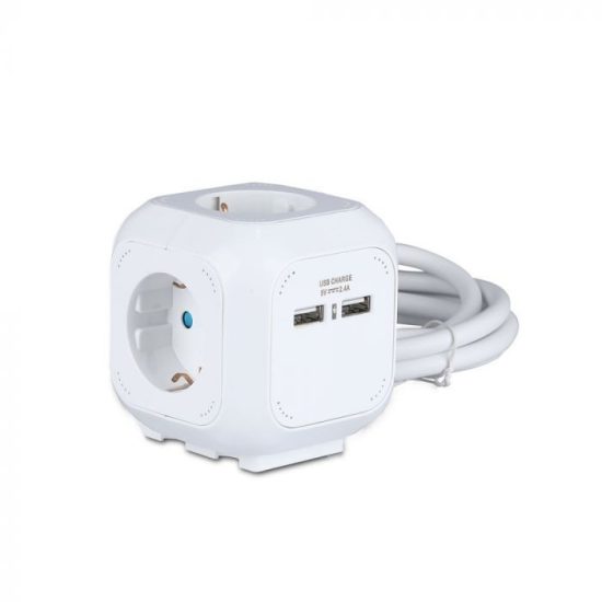 4 csatlakozós fehér hosszabító kocka 16A + 2 db USB port 5V 2,4A - 8800 V-TAC