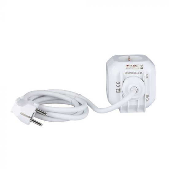 4 csatlakozós fehér hosszabító kocka 16A + 2 db USB port 5V 2,4A - 8800 V-TAC