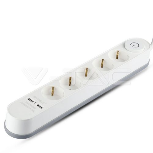 5-ös hosszabbító/elosztó, kapcsolóval, 2 db USB porttal 3G 1.5mm x 3m fehér színű