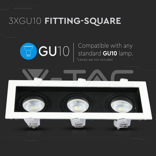 V-TAC LED SPOT BEÉPÍTŐ KERET / GU10 / 3-foglalat / fehér-fekete / szögletes / billenthető / VT- 886 8878 V-TAC LED SPOT BEÉPÍTŐ KERET / GU10 / 3-foglalat / fehér-fekete / szögletes / billenthető / VT- 886 8878